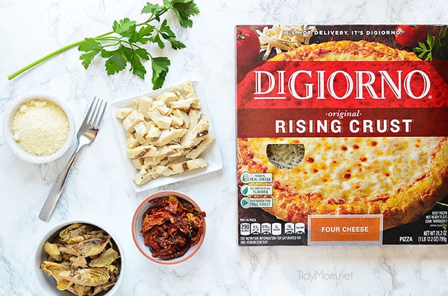 Girls Night Pizza Party! Customize a DIGIORNO Originial Rising Crust Four Cheese with your own toppings, like roasted artichokes, sun-dried tomatoes, grilled chicken and parmesan cheese. 