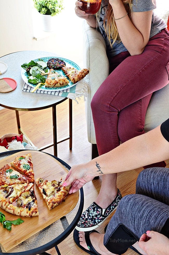 Customize an oven-ready cheese pizza with your own toppings. Grilled artichoke, chicken sun-dried tomato pizza topped with parmesan cheese was a big hit at our Girls Night Pizza Party!