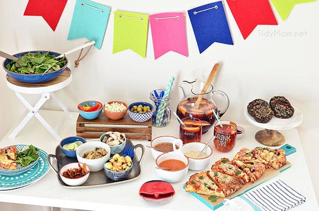 Girls Night Pizza Party! Customize a DIGIORNO Originial Rising Crust Four Cheese with your own toppings, like roasted artichokes, sundried tomatoes, grilled chicken and parmesan cheese. While the pizza bakes for 20 minutes, set up a salad bar! Details at TidyMom.net