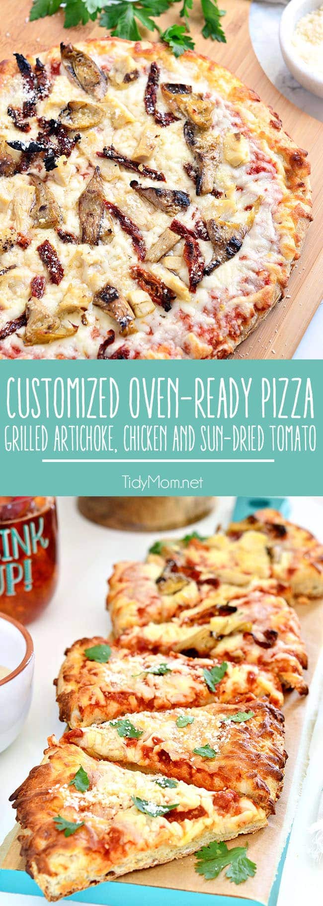 Customize an oven-ready cheese pizza with your own toppings. Grilled artichokes, chicken sun-dried tomato pizza topped with parmesan cheese was a big hit at our Girls Night Pizza Party! Details at TidyMom.net