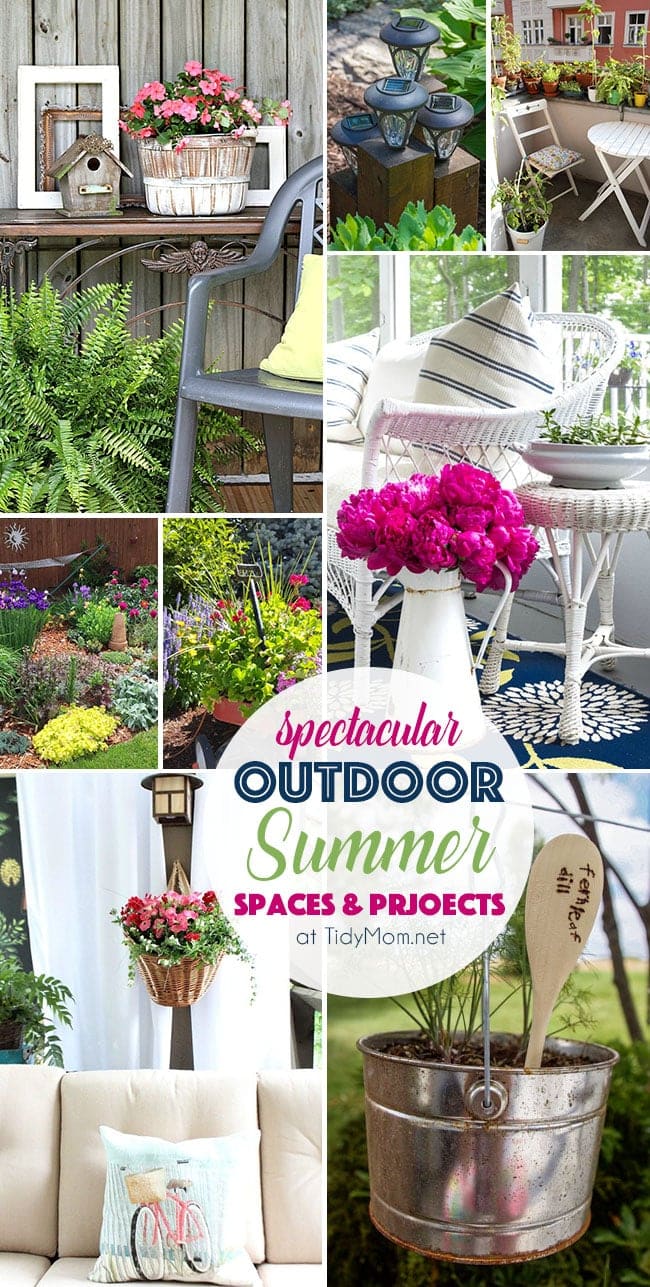 Spectacular Outdoor Summer Spaces and Projects from ponds to patios and gardens to hanging baskets and more! Details and TidyMom.net