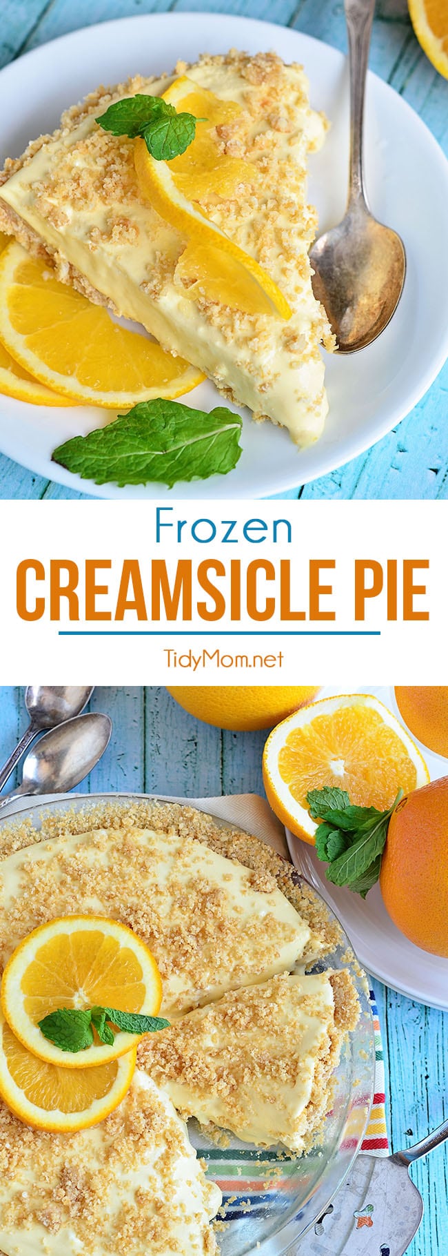 If you are a fan of the ice cream truck classic,orange creamsicles, or dreamsicles, you’re going to love this Frozen Creamsicle Pie. It’s the perfect summer treat. Find the printable recipe at TidyMom.net
