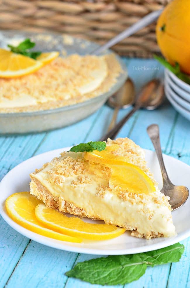 If you are a fan of the ice cream truck classic,orange creamsicles, or dreamsicles, you’re going to love this Frozen Creamsicle Pie. It’s the perfect summer treat. Find the printable recipe at TidyMom.net