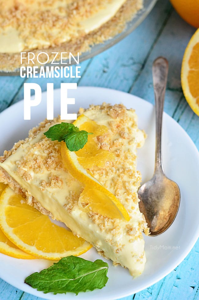 If you are a fan of the ice cream truck classic,orange creamsicles, or dreamsicles, you’re going to love this Frozen Creamsicle Pie. It’s the perfect summer treat. Find the printable recipe at TidyMom.net