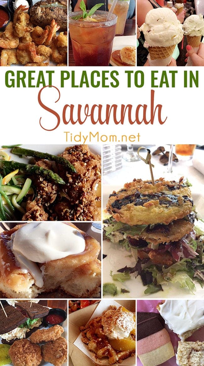 Great places to eat in Savannah, Georgia. From dinner and lunch restaurants, fried green tomatoes to ice cream and desserts you don’t want to miss! at TidyMom.net