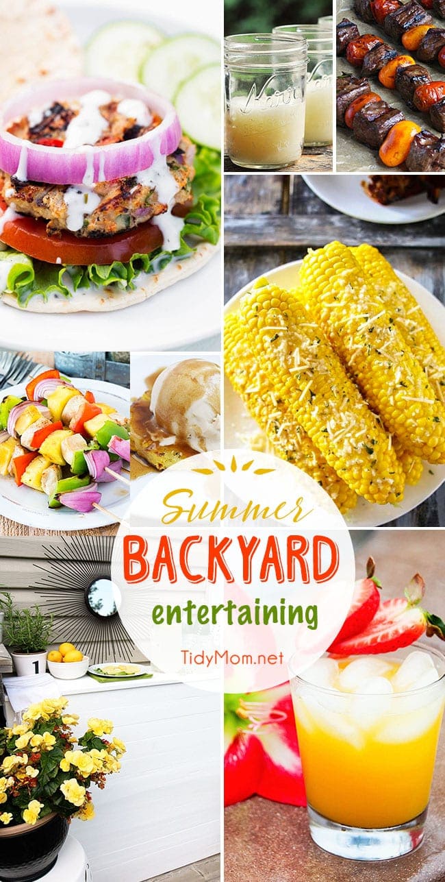 Summer Backyard Entertaining ideas and recipes. From DIY Citronella Candles, to a pallet bar to corn on the cob, burgers, cocktails, kabobs and grilled pineapples!