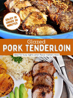 cooked pork tenderloin in a skillet and plated