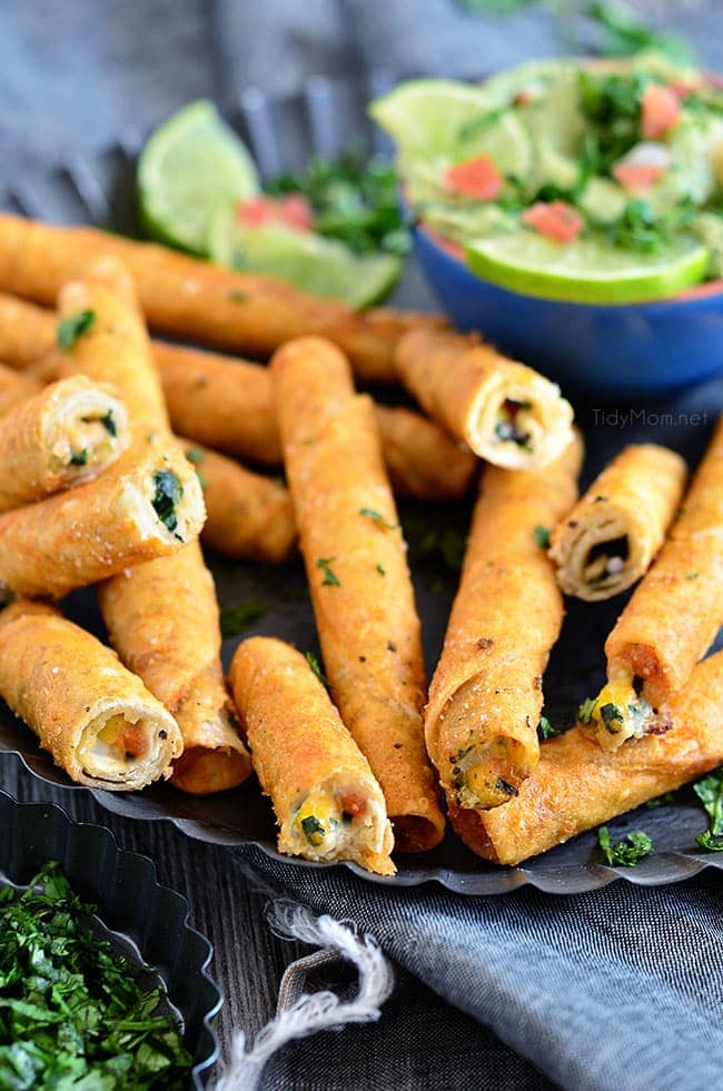 Avocado Creme Sauce with Crunchy Chicken and Cheese Taquitos at TidyMom.net