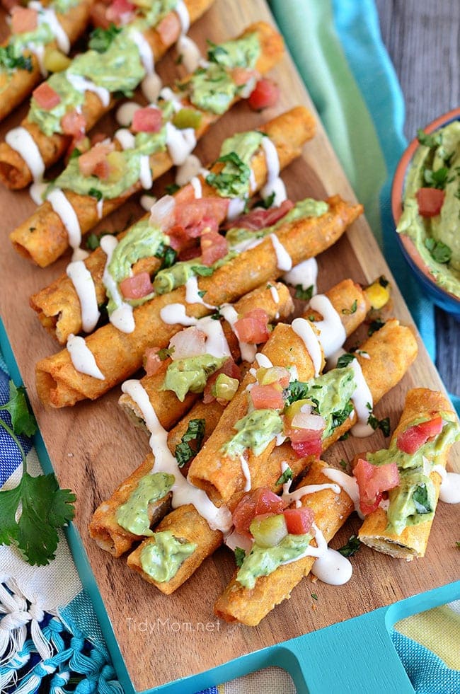 Snack time! Avocado Creme Sauce with Crunchy Chicken and Cheese Taquitos at TidyMom.net