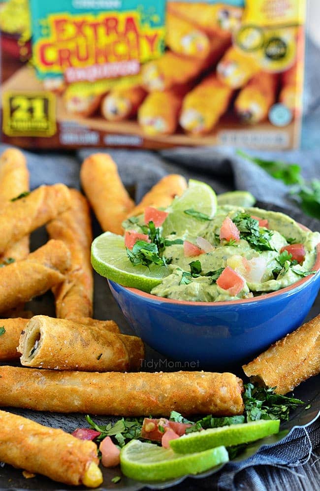 Perfect for snack time, or party time! Avocado Creme Sauce with Extra Crunchy Chicken and Cheese Taquitos at TidyMom.net