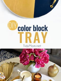 A bold colorful tray is the perfect way to add a pop of color to a space and use it as a serving tray when entertaining. The color blocking gives this tray a modern look while the touch of gold adds a little elegance! Get the full tutorial to make your own DIY Color Block Tray at TidyMom.net #diy #crafts #colorblock #crafting #handmade