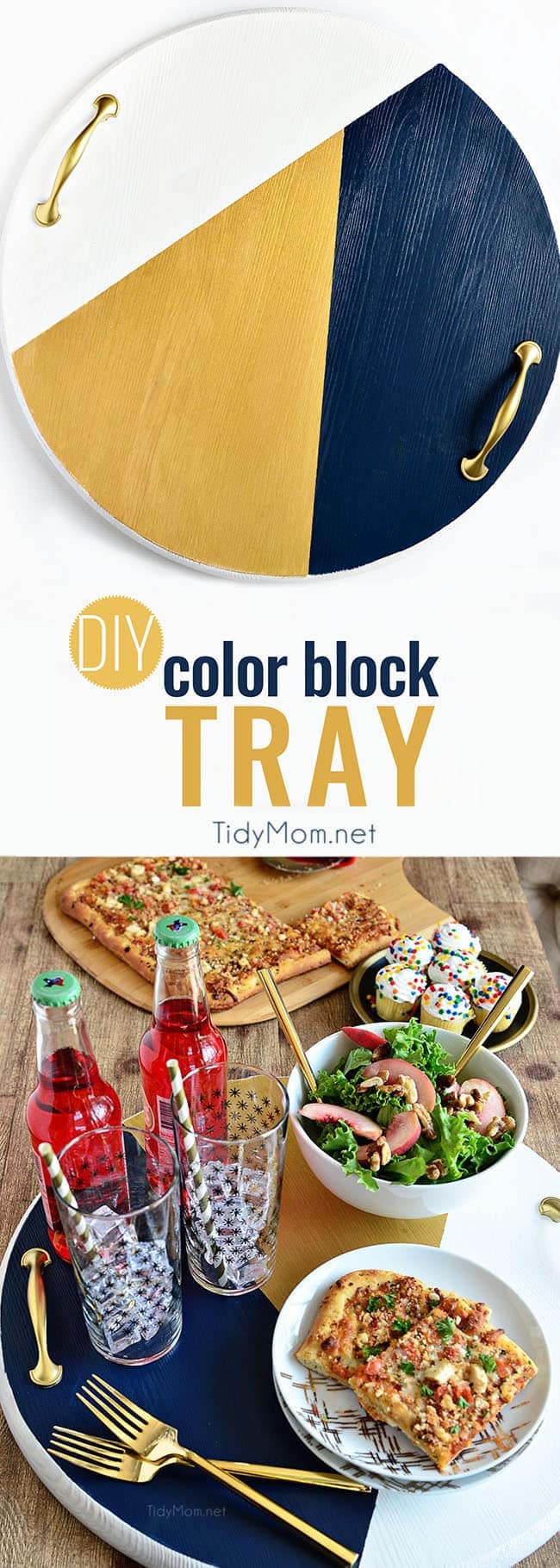 A bold colorful tray is the perfect way to add a pop of color to a space and use it as a serving tray when entertaining. The color blocking gives this tray a modern look while the touch of gold adds a little elegance! Get the full tutorial to make your own DIY Color Block Tray at TidyMom.net