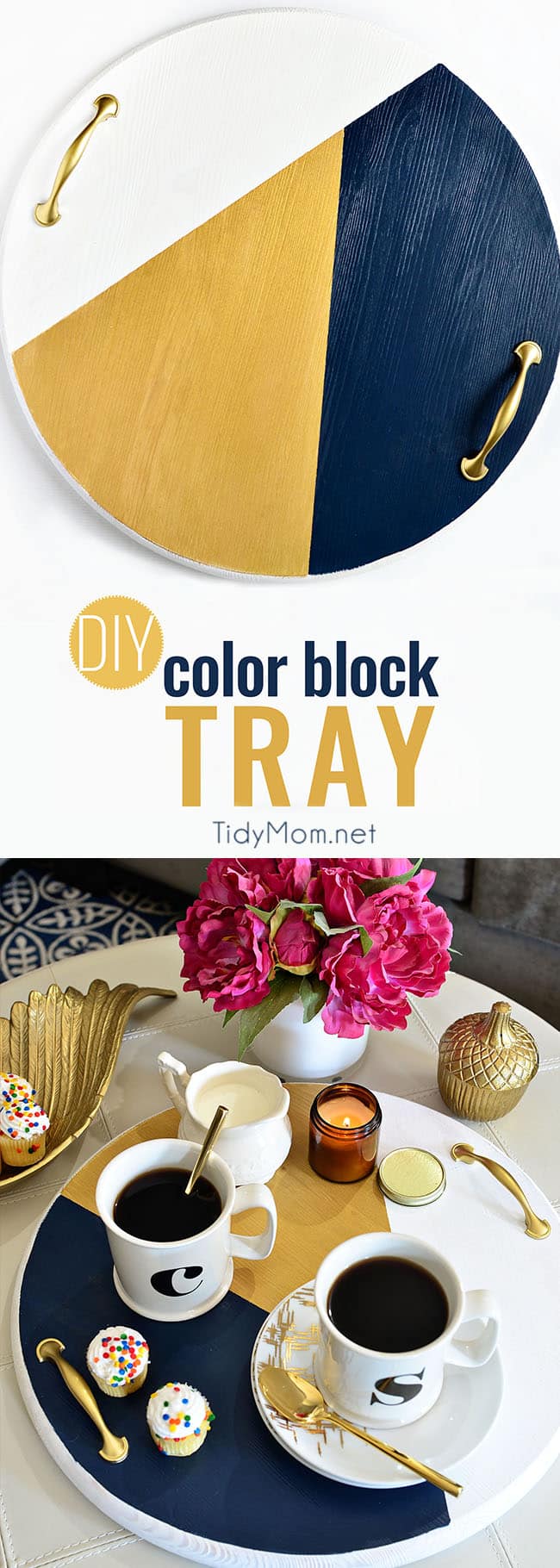 A bold colorful tray is a perfect way to add a pop of color to a space and use it as a serving tray when entertaining. The color blocking gives this tray a modern look while the touch of gold adds a little elegance! Get the full tutorial to make your own DIY Color Block Tray at TidyMom.net #diy #crafts #colorblock #crafting #handmade
