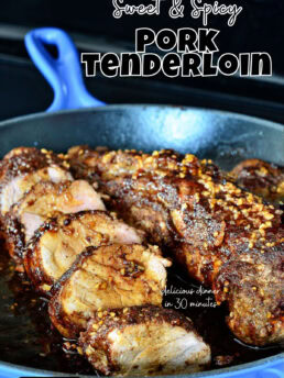 glazed pork tenderloin in a blue skillet