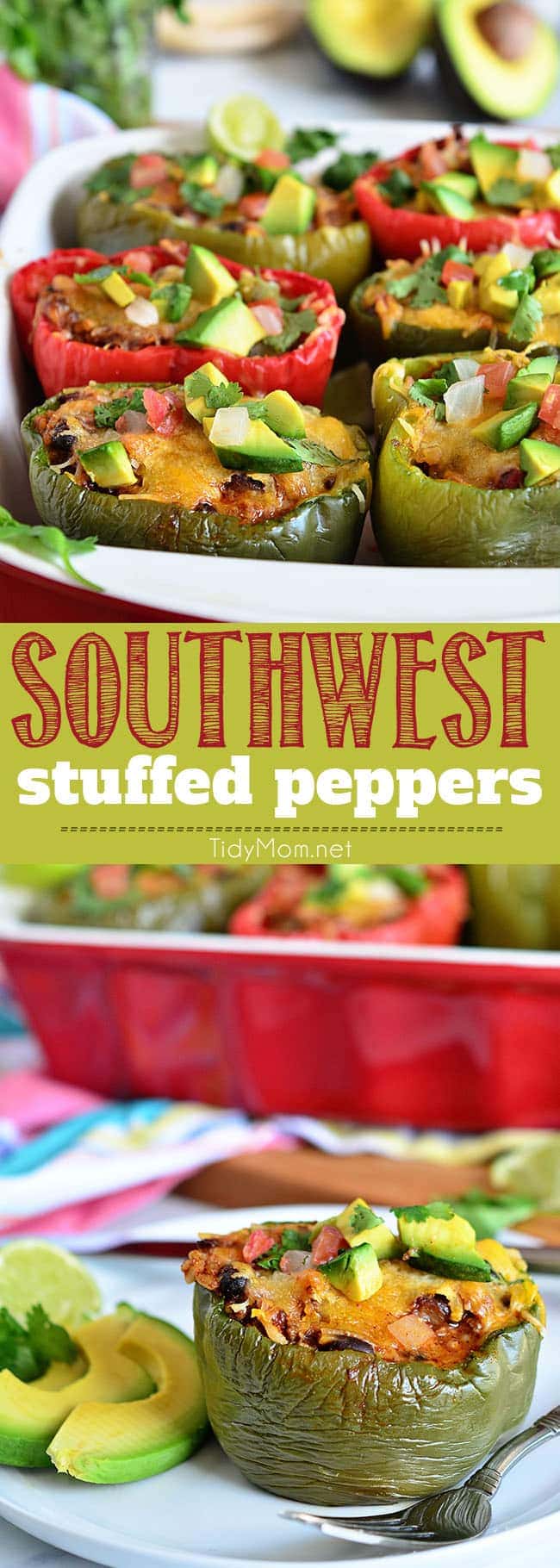 Fresh Bell peppers are filled with rice, browned ground beef seasoned with McCormick Organic Taco Seasoning, black beans, tomatoes, green chilies and cheese for an easy weeknight dinner with a southwest twist. Southwest Stuffed Peppers recipe at TidyMom.net