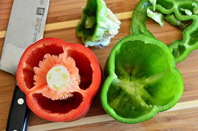 Cut off tops of bell peppers and remove and discard seeds. Southwest Stuffed Peppers recipe at TidyMom.net