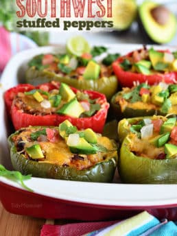 Fresh Bell peppers are filled with rice, browned ground beef seasoned with McCormick Organice Taco Seasoning, black beans, tomatoes, green chilies and cheese for an easy weeknight dinner with a southwest twist. Southwest Stuffed Peppers recipe at TidyMom.net