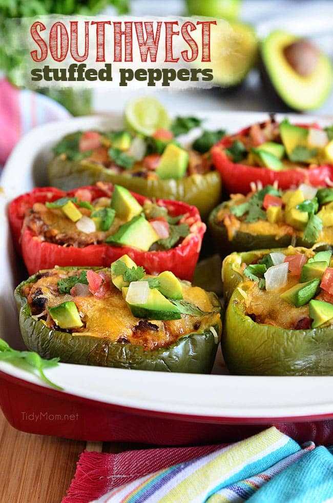 Fresh Bell peppers are filled with rice, browned ground beef seasoned with McCormick Organic Taco Seasoning, black beans, tomatoes, green chilies and cheese for an easy weeknight dinner with a southwest twist. Southwest Stuffed Peppers recipe at TidyMom.net