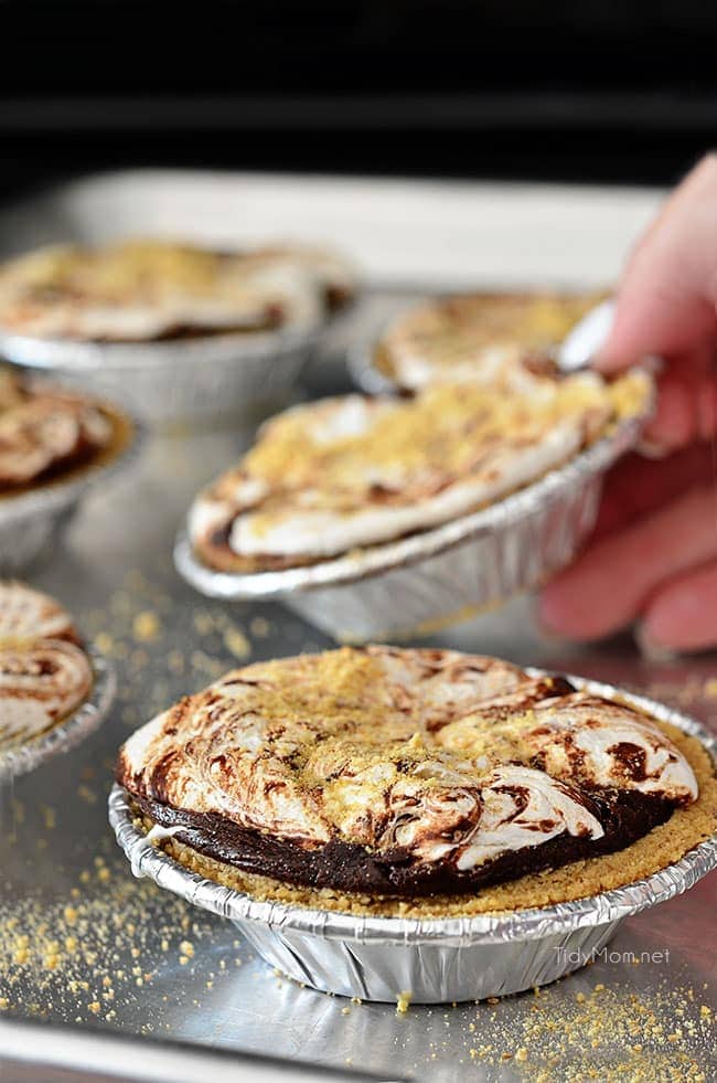 6 Mini S’more Pies on a baking sheet