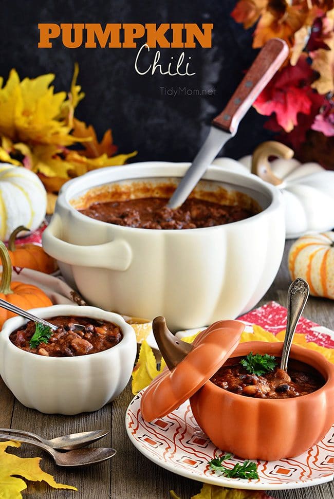 Pumpkin Chili in a white pumpkin shaped casserole dish