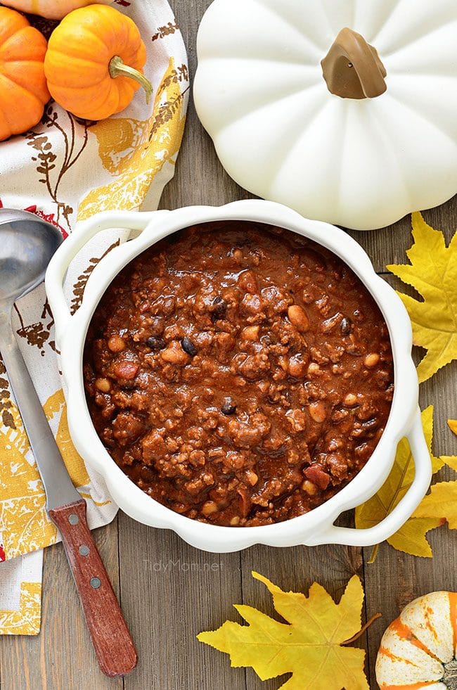 Pumpkin Chili in a white casserole baker