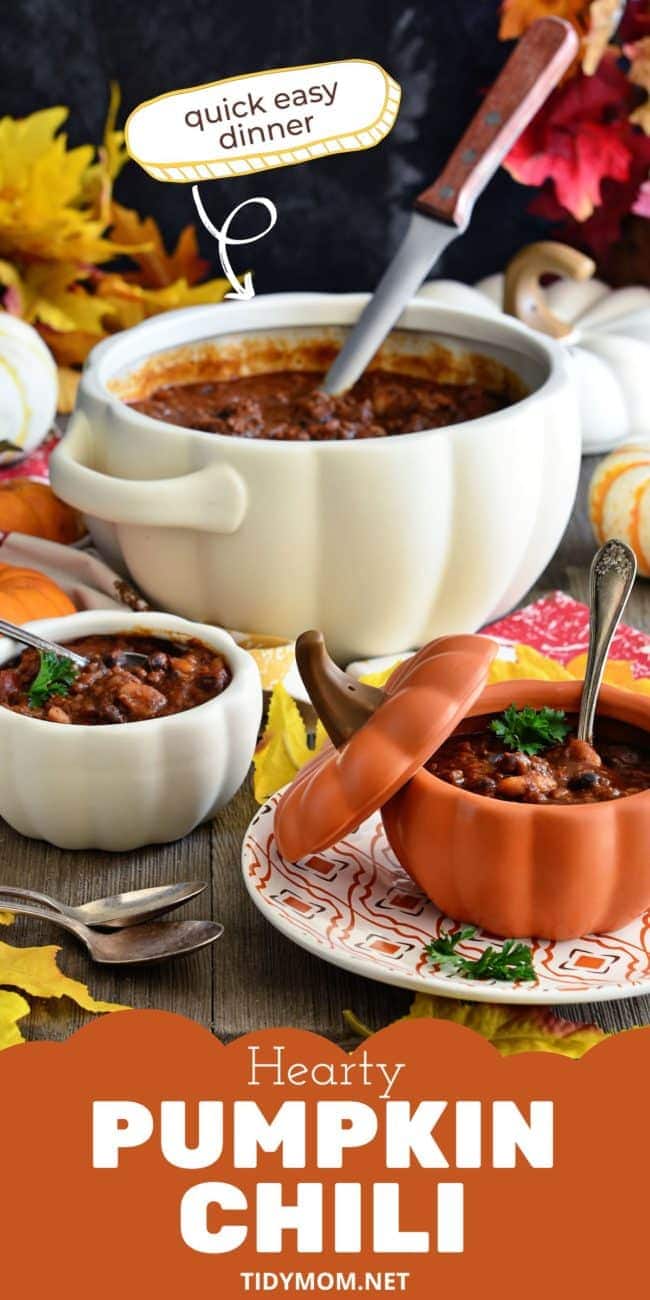 bowls and pot of pumpkin chili in orange and white pumpkin bakers