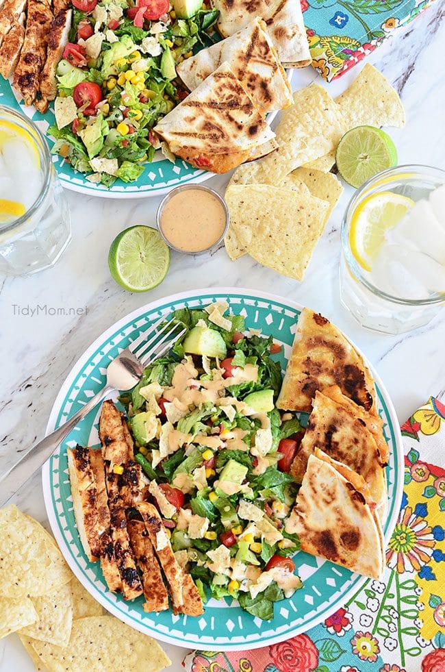 Southwest Chicken Quesadilla Salad is like an explosion in your mouth. Super easy to throw together.