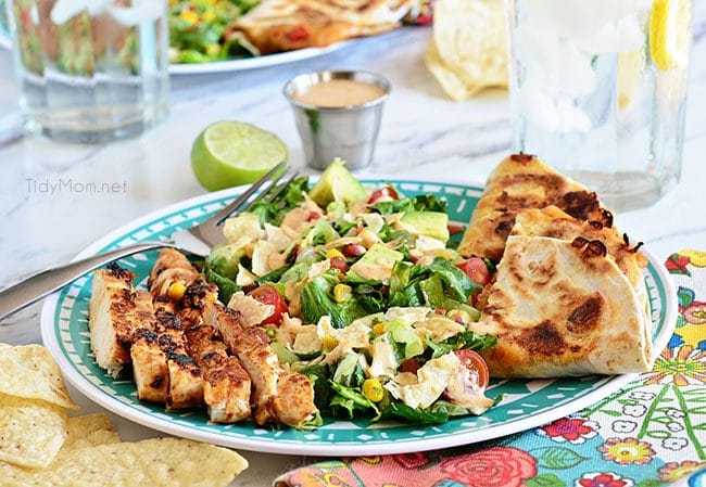 Southwest Chicken Quesadilla Salad is like an explosion in your mouth. Super easy to throw together.