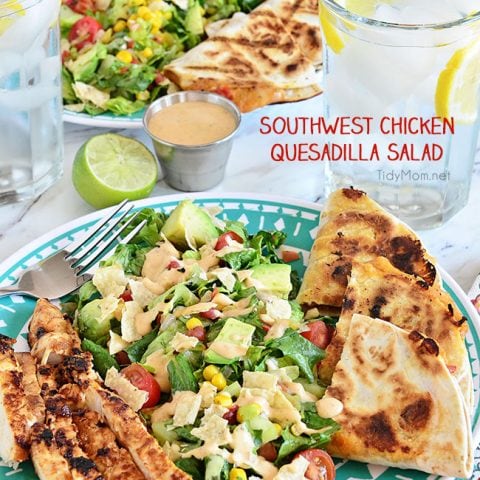 Southwest Chicken Quesadilla Salad is like an explosion in your mouth. Super easy to throw together.