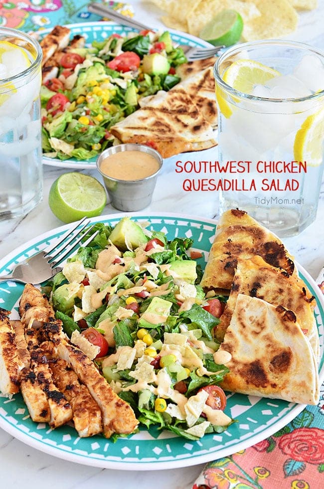 Southwest Chicken Quesadilla Salad is like an explosion in your mouth. Super easy to throw together.