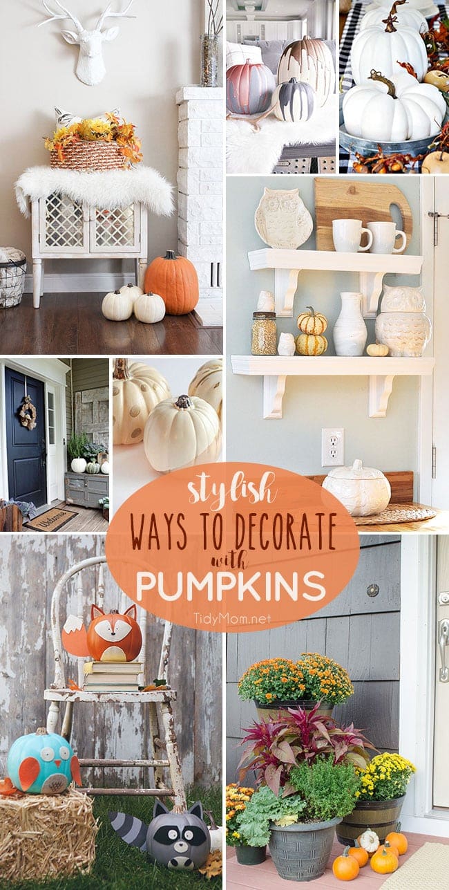 Get your home ready for fall with these 8 Stylish Ways to Decorate with Pumpkins. From simple faux or fresh pumpkins to glam or woodland pumpkins, you're sure to find something to fit your fall home decor and style. Details at TidyMom.net
