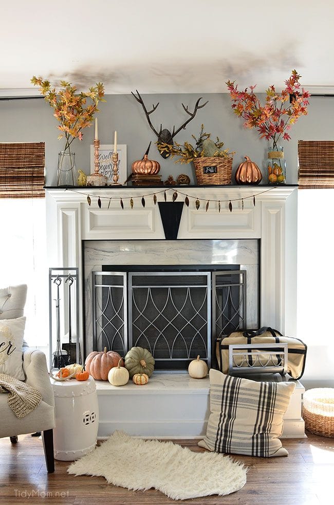 Fall Mantel with touches of copper and rosegold at TidyMom.net