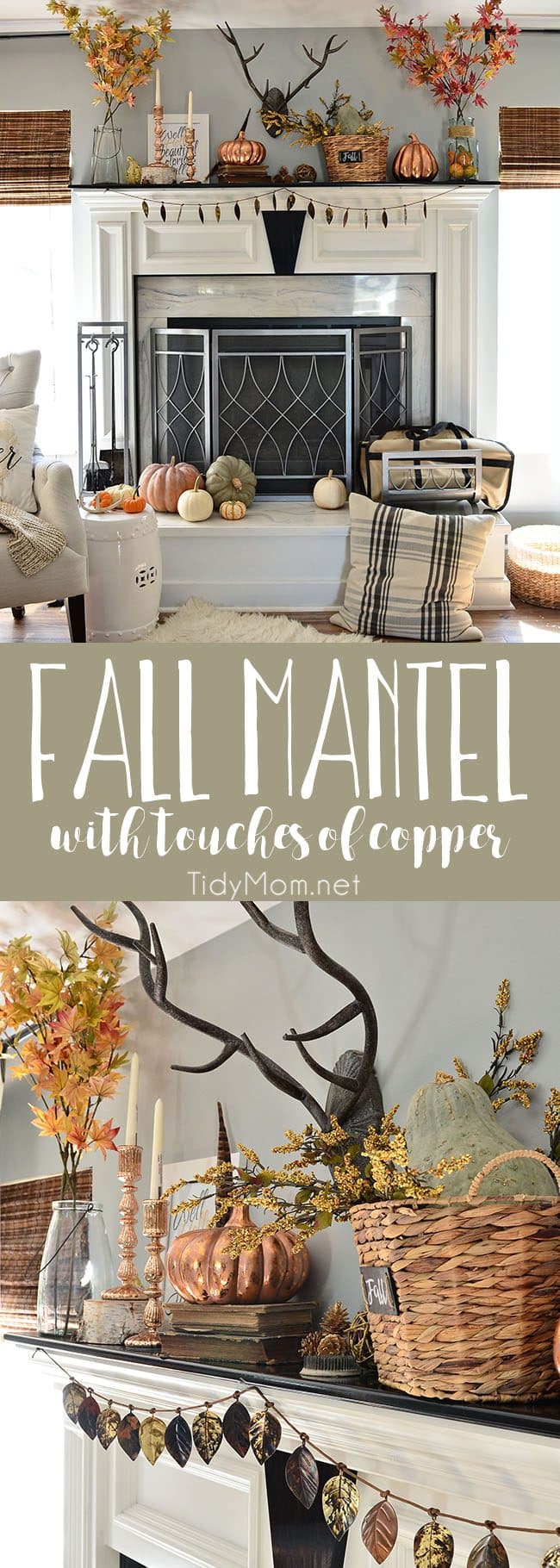 Inspiring Fall Mantel with touches of copper and rose gold 