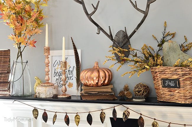 Fall Mantel with cool metals and warm neutrals