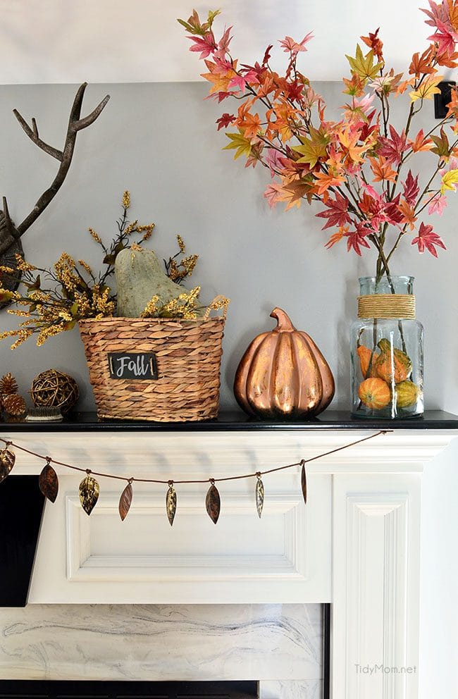 Fall Mantel with touches of copper and warm neutrals