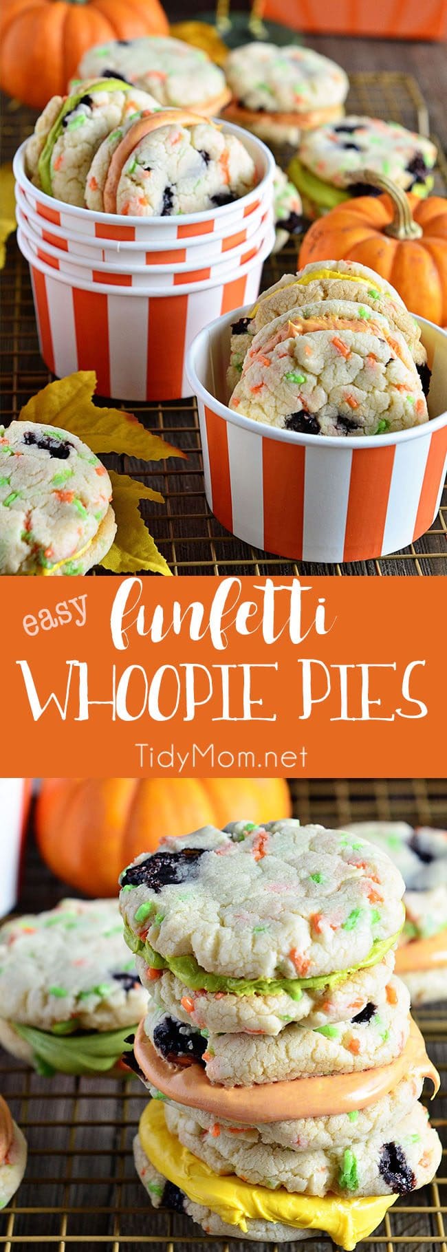 Funfetti Whoppie Pies are an easy and delicious cookie treat thanks to a box cake mix and canned frosting. Add seasonal sprinkles and food color to frosting. Get the recipe for these Halloween Funfetti Whoppie Pies at TidyMom.net