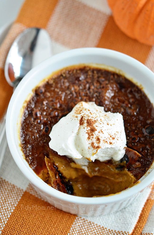 Pumpkin Creme Brulee with molasses. A simple holiday dessert. Get the recipe at TidyMom.net