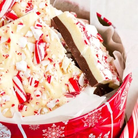 Homemade Holiday Chocolate Peppermint Bark in tin