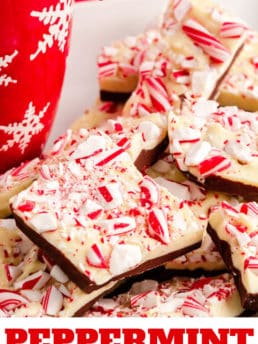 homemade peppermint bark with a mug of hot cocoa