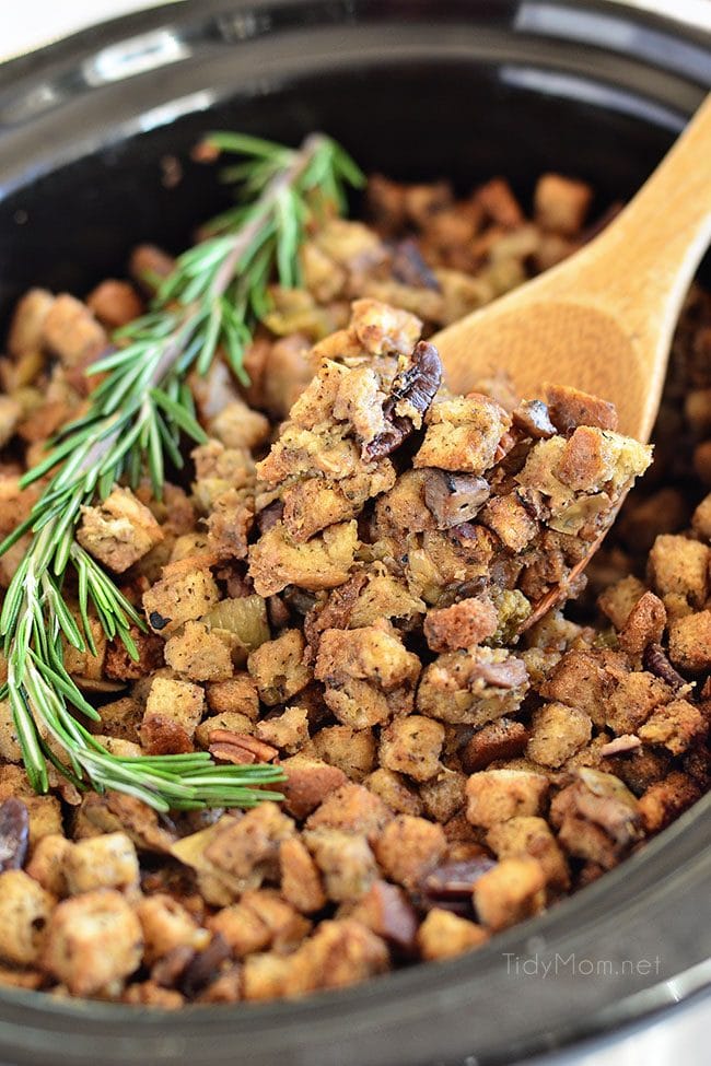 Slow Cooker Stuffing with artichokes, mushrooms and toasted pecans. Easy, flavorful and perfect for any holiday meal. Get the recipe at TidyMom.net