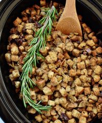 Slow Cooker Stuffing with artichokes, mushrooms and toasted pecans. Easy, flavorful and perfect for any holiday meal. Get the recipe at TidyMom.net