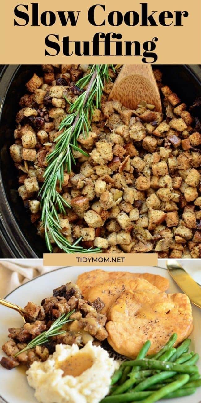 stuffing in a slow cooker and on a plate with Thanksgiving meal