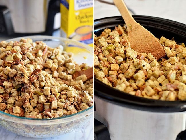 Slow Cooker Stuffing with artichokes, mushrooms and toasted pecans. Easy, flavorful and perfect for any holiday meal. Get the recipe at TidyMom.net