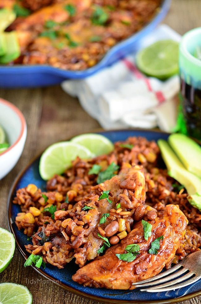 Fried BBQ Chicken Skillet dinner blends barbecue sauce, chicken, baked beans and rice to create a satisfying meal that’s ready in 30 minutes. The perfect, easy weeknight recipe for families. Find the recipe at Tidymom.net