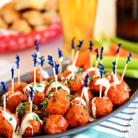 Game Day Part Plan Buffalo Chicken Meatballs with Ranch tastes just like buffalo hot wings. Get the recipe at TidyMom.net