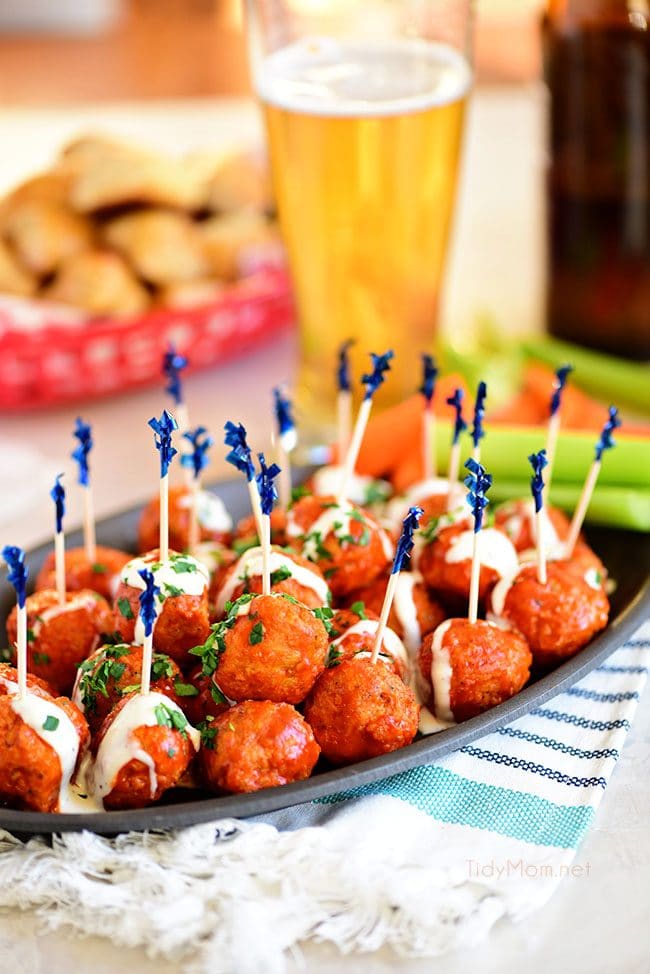 Game Day Part Plan Buffalo Chicken Meatballs with Ranch tastes just like buffalo hot wings. Get the recipe at TidyMom.net