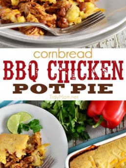 Delicious Cornbread BBQ Chicken Pot Pie. Grill chicken indoors for a taste of summer in the winter!! So good and easy! Recipe at TidyMom.net