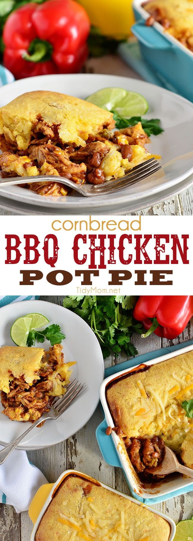 BBQ Chicken Pot Pie is comfort food at its finest! A hearty bbq chicken and baked bean filling is topped with cornbread for a taste of summer in the winter!! The flavors blend together so nicely it warms you up from the inside out. Get this family friendly recipe at TidyMom.net