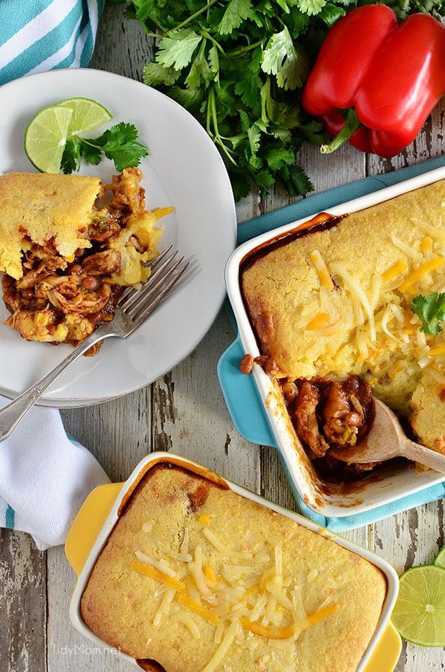 Cornbread BBQ Chicken Pot Pie. Grill chicken indoors for a taste of summer in the winter!! Easy comfort food. Recipe at TidyMom.net