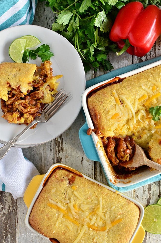 Cornbread BBQ Chicken Pot Pie. Grill chicken indoors for a taste of summer in the winter!! Easy comfort food. Recipe at TidyMom.net